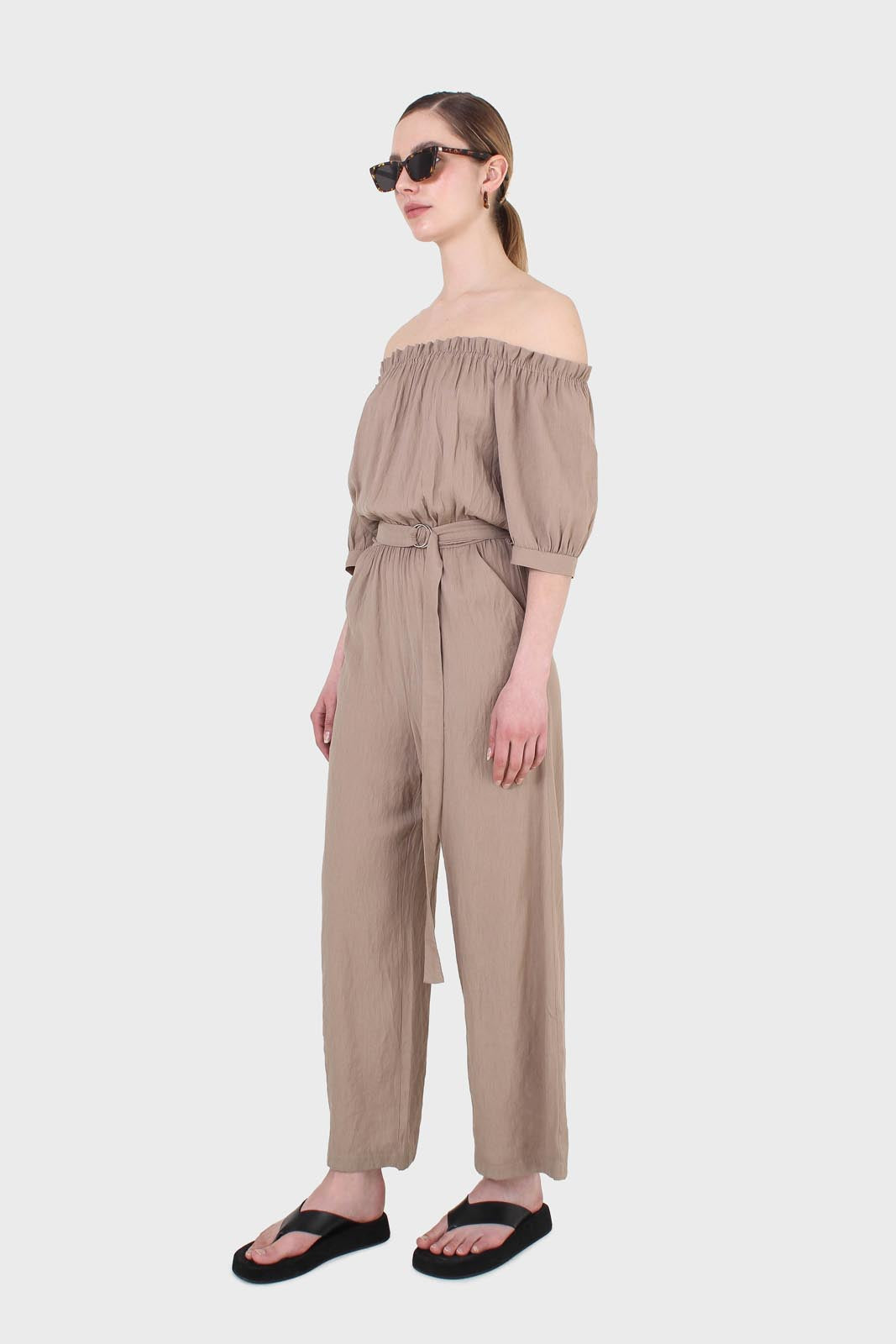 Brown off shoulder tie waist jumpsuit
