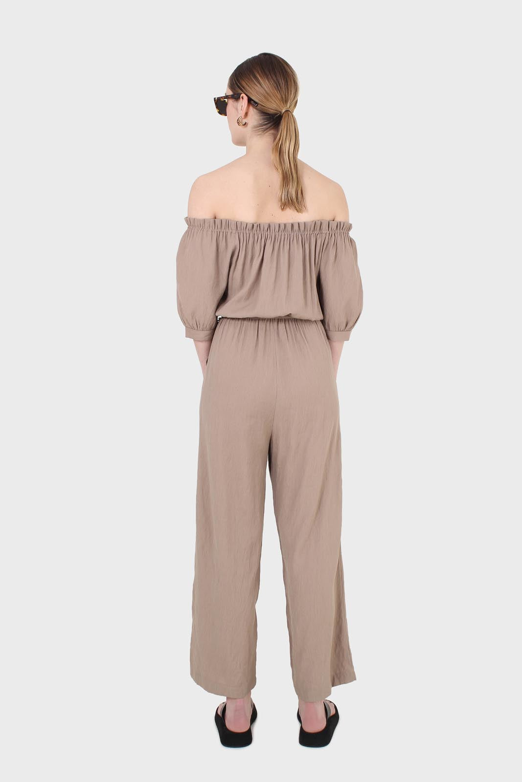 Brown off shoulder tie waist jumpsuit