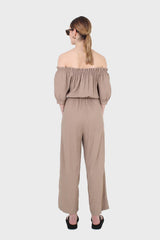 Brown off shoulder tie waist jumpsuit