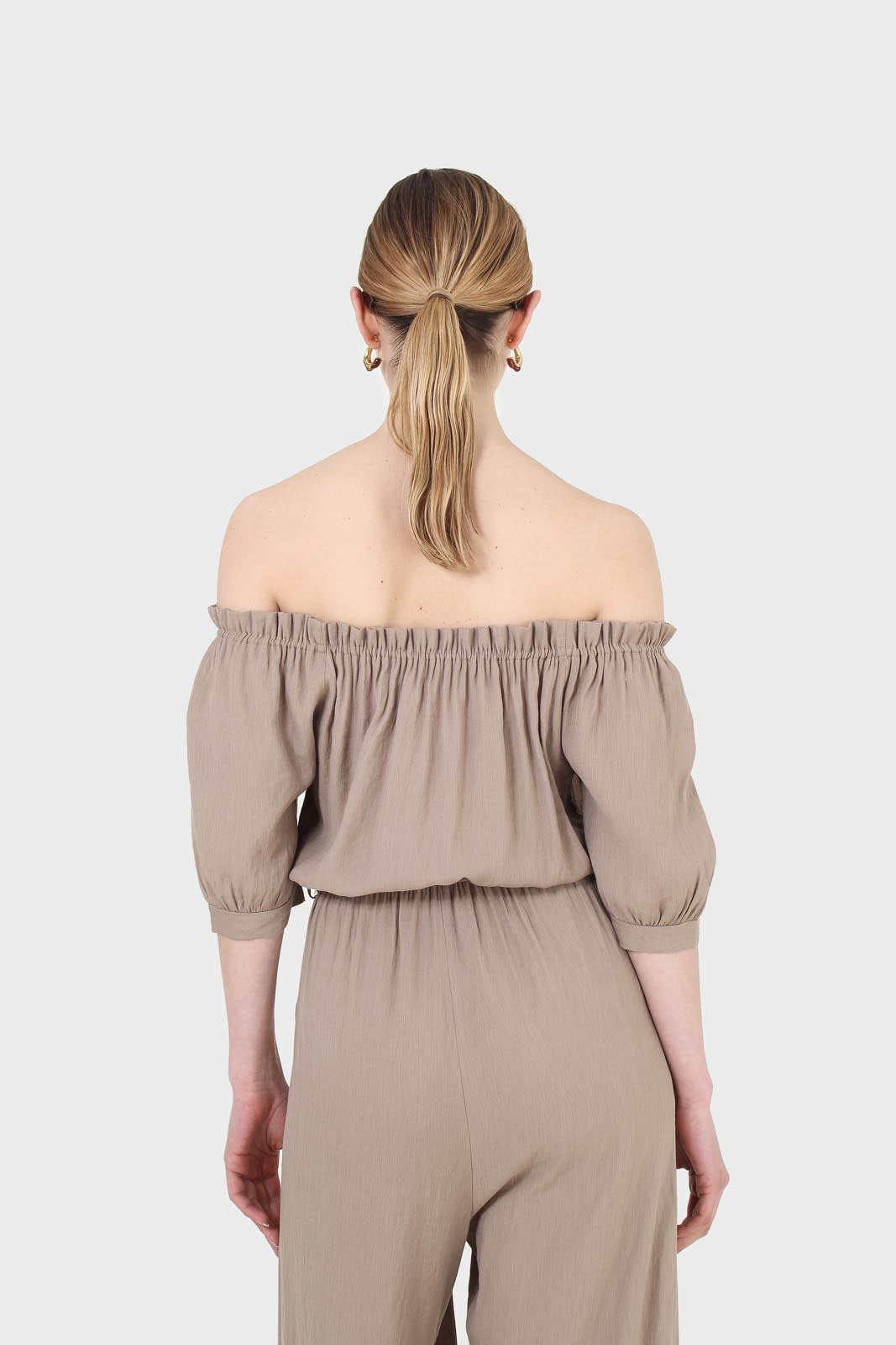 Brown off shoulder tie waist jumpsuit