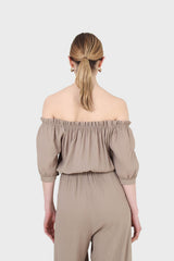Brown off shoulder tie waist jumpsuit