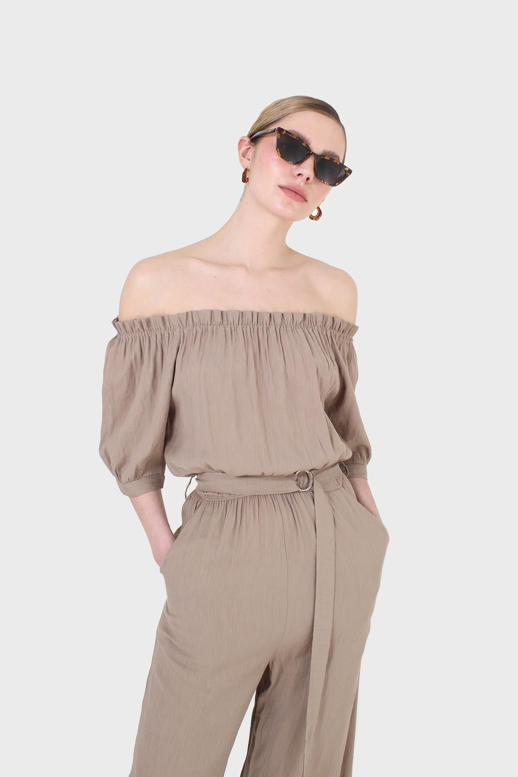 Brown off shoulder tie waist jumpsuit