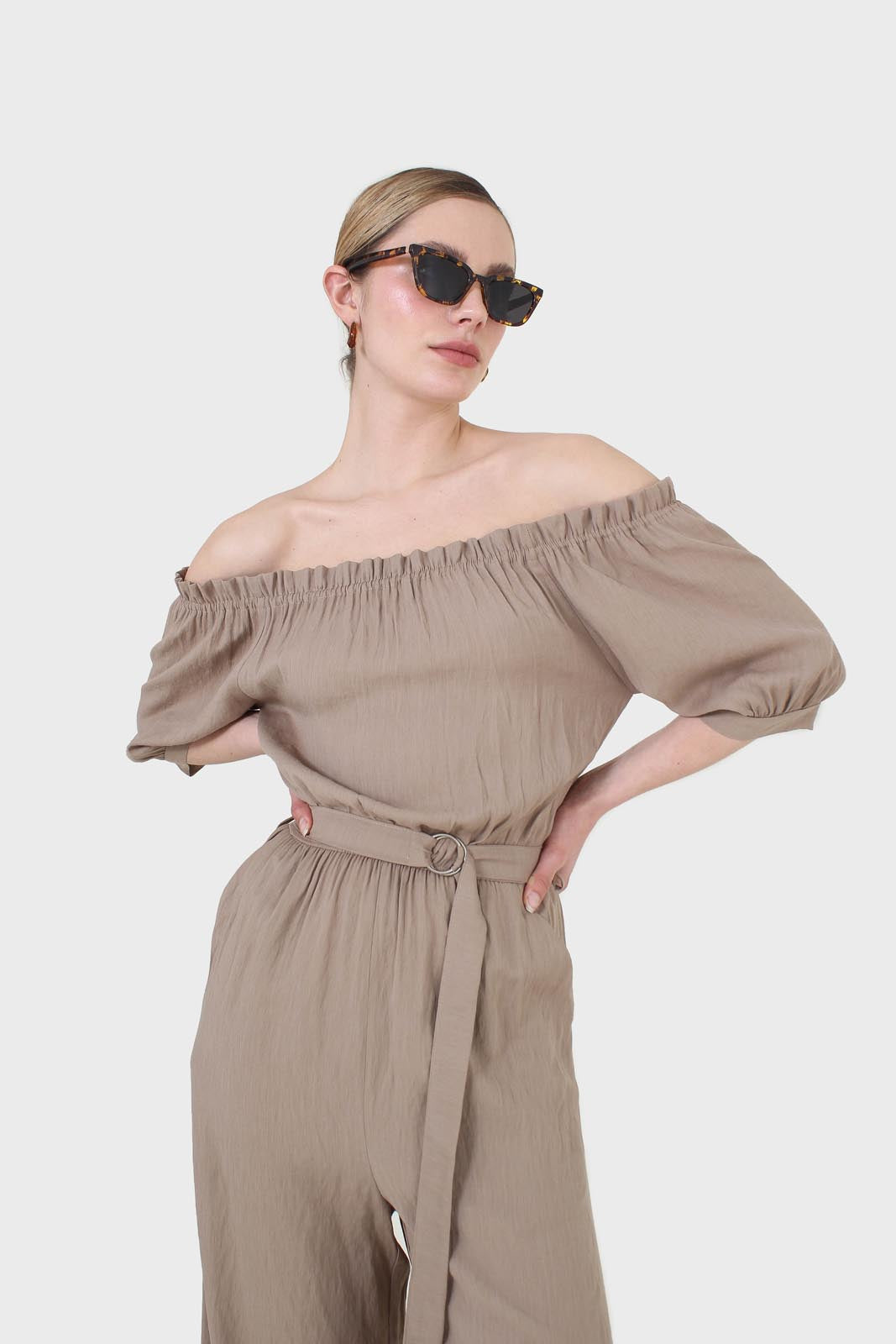 Brown off shoulder tie waist jumpsuit