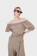 Brown off shoulder tie waist jumpsuit