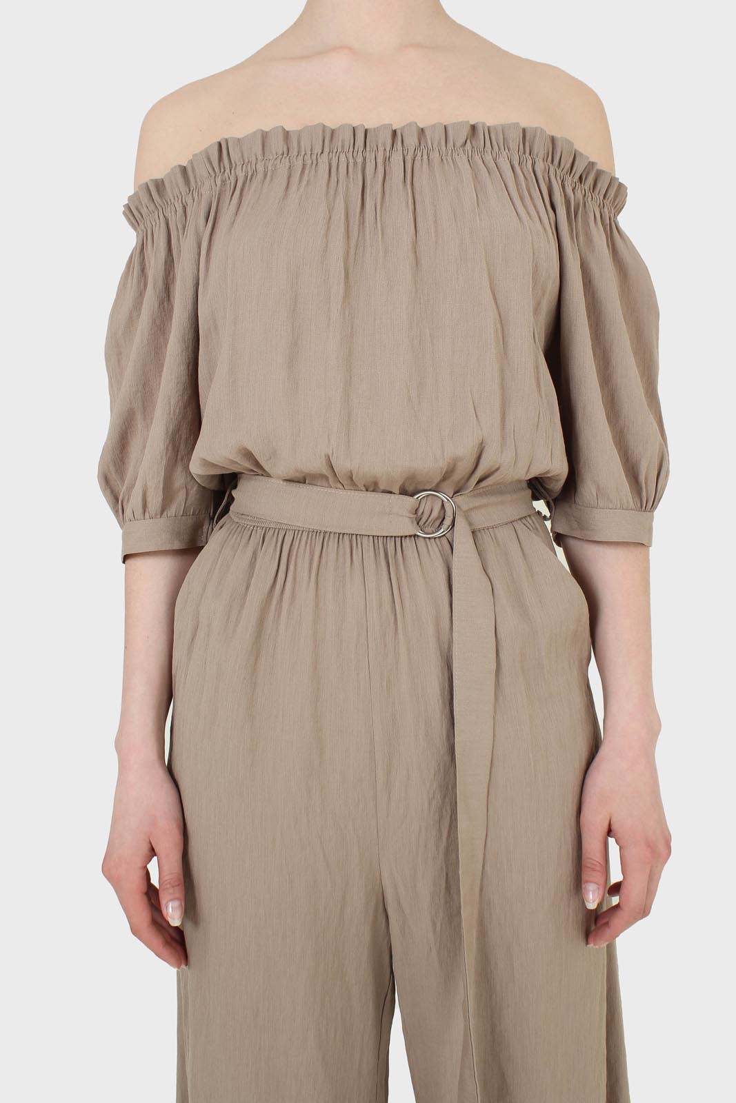 Brown off shoulder tie waist jumpsuit