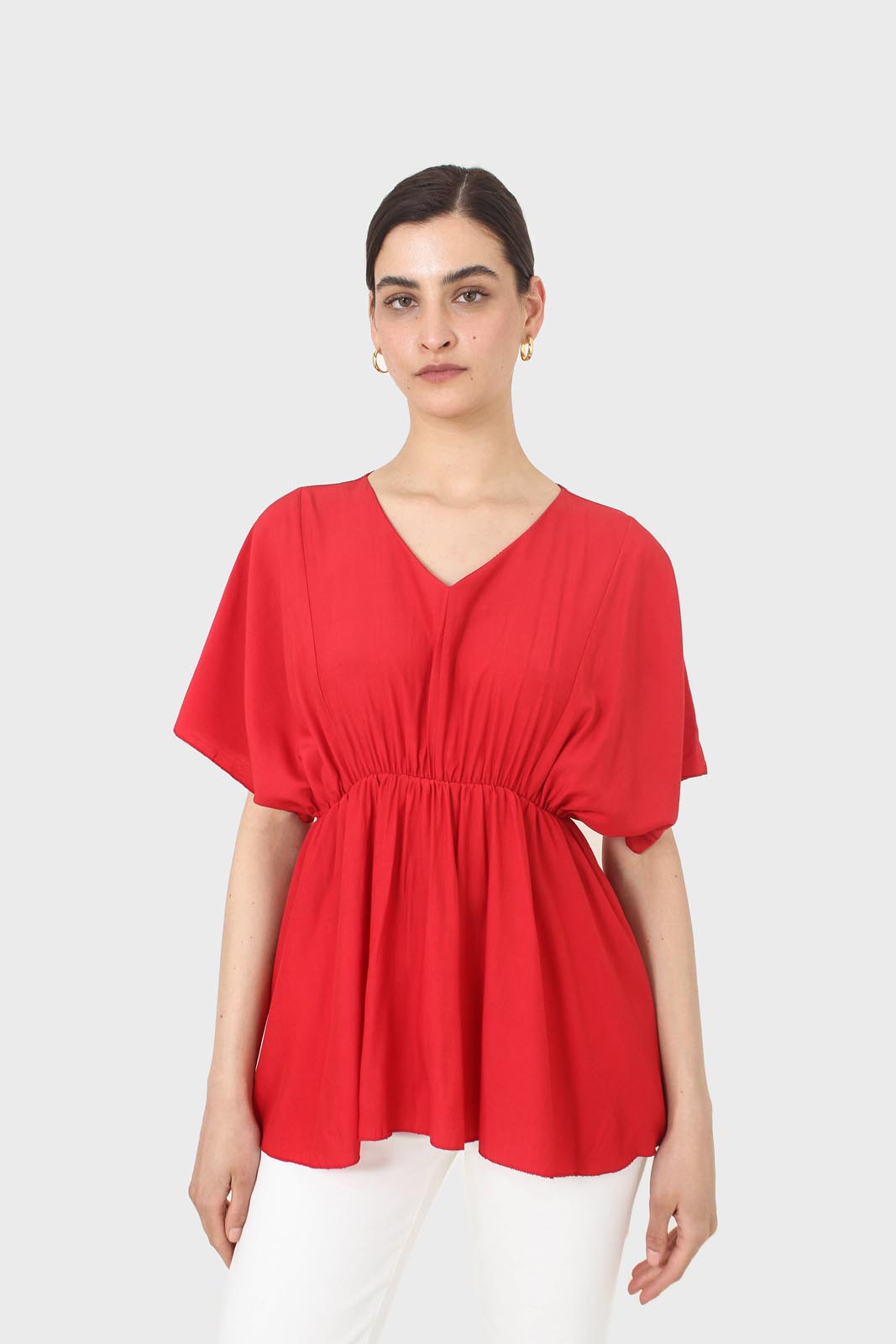 Bright red V-neck wrinkled blouse