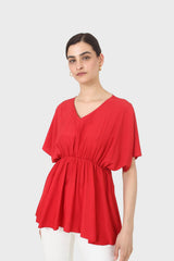 Bright red V-neck wrinkled blouse