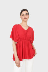 Bright red V-neck wrinkled blouse