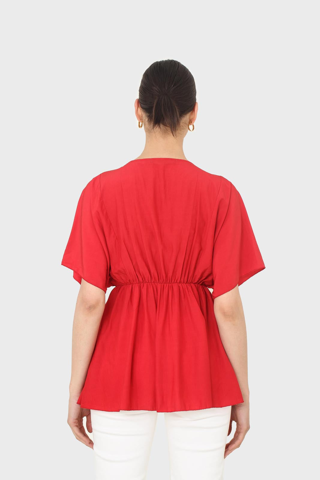 Bright red V-neck wrinkled blouse