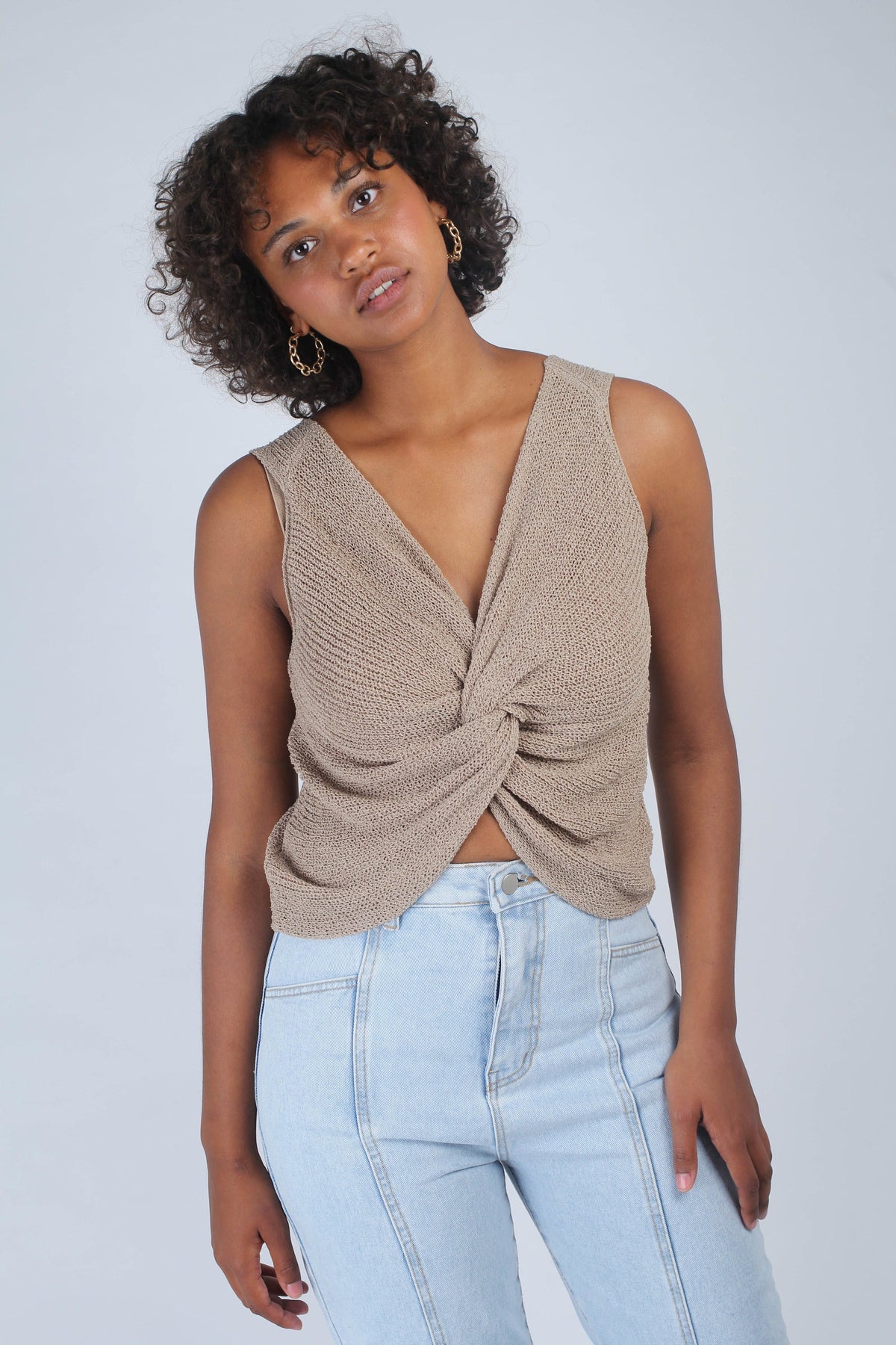 Beige twist front knit tank