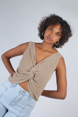 Beige twist front knit tank