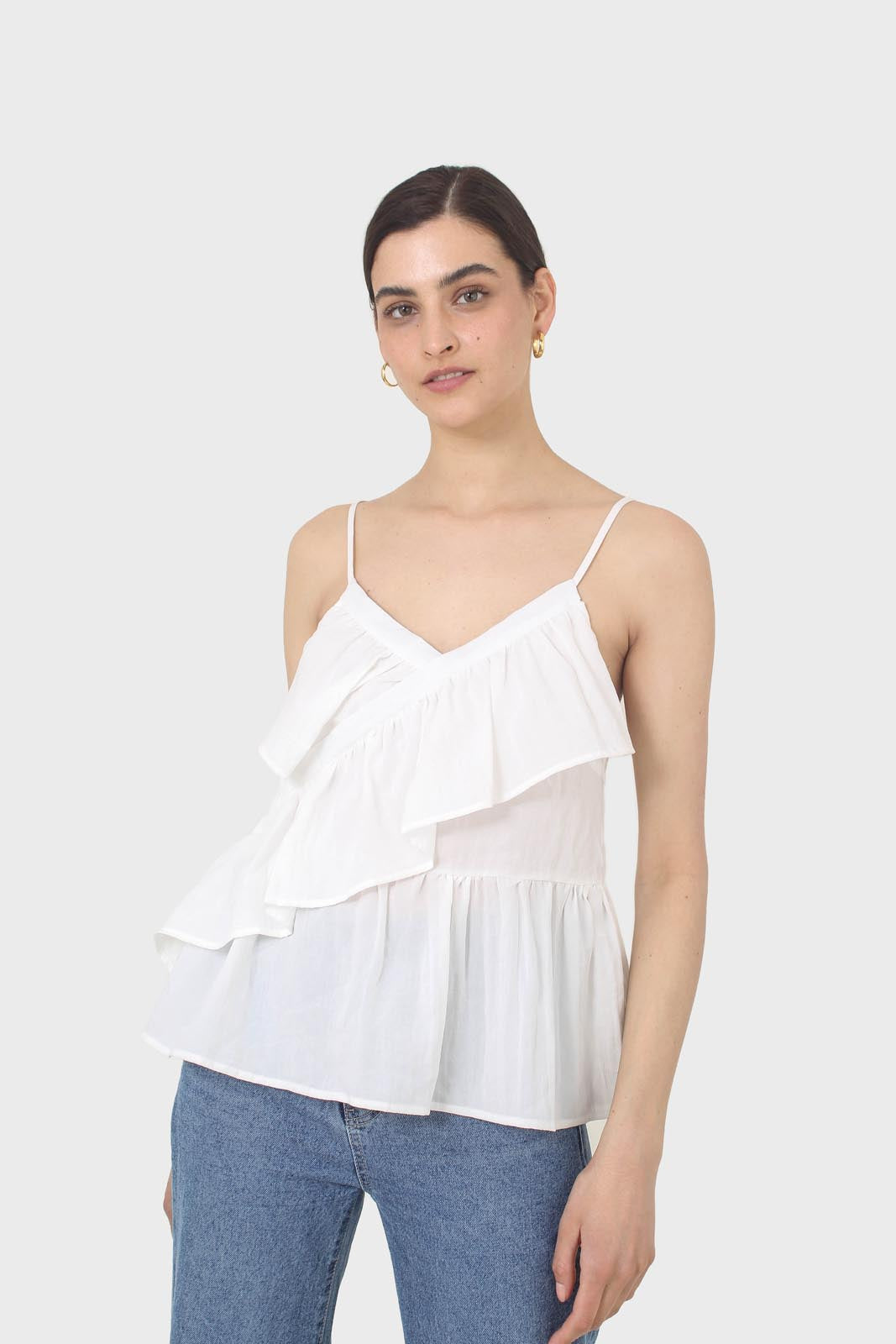 White ruffle thin strap tank