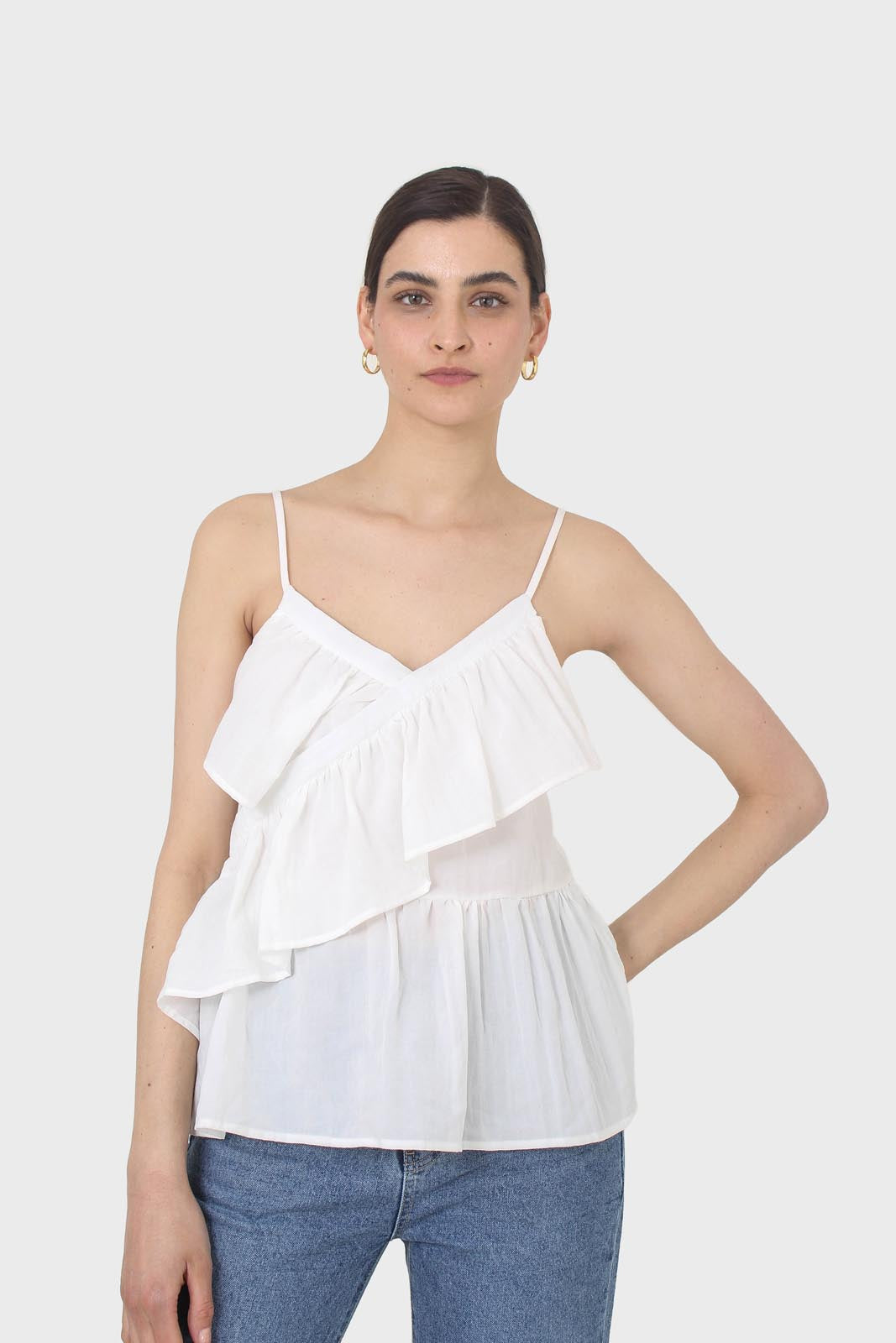 White ruffle thin strap tank