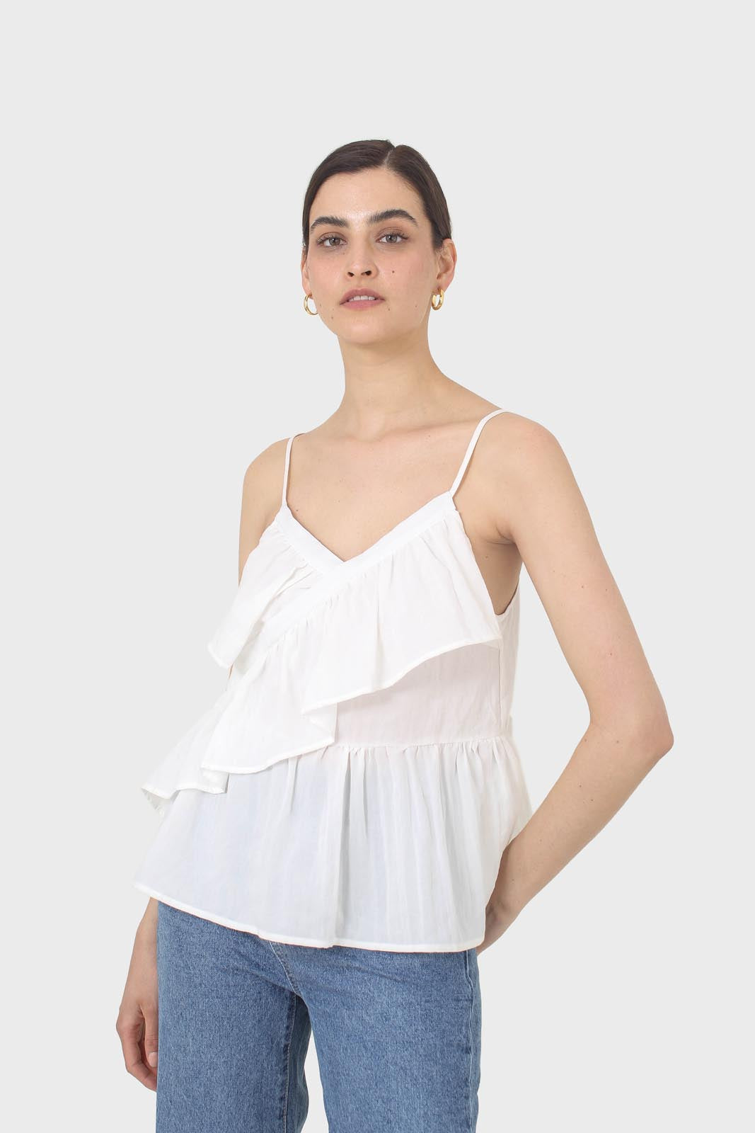 White ruffle thin strap tank