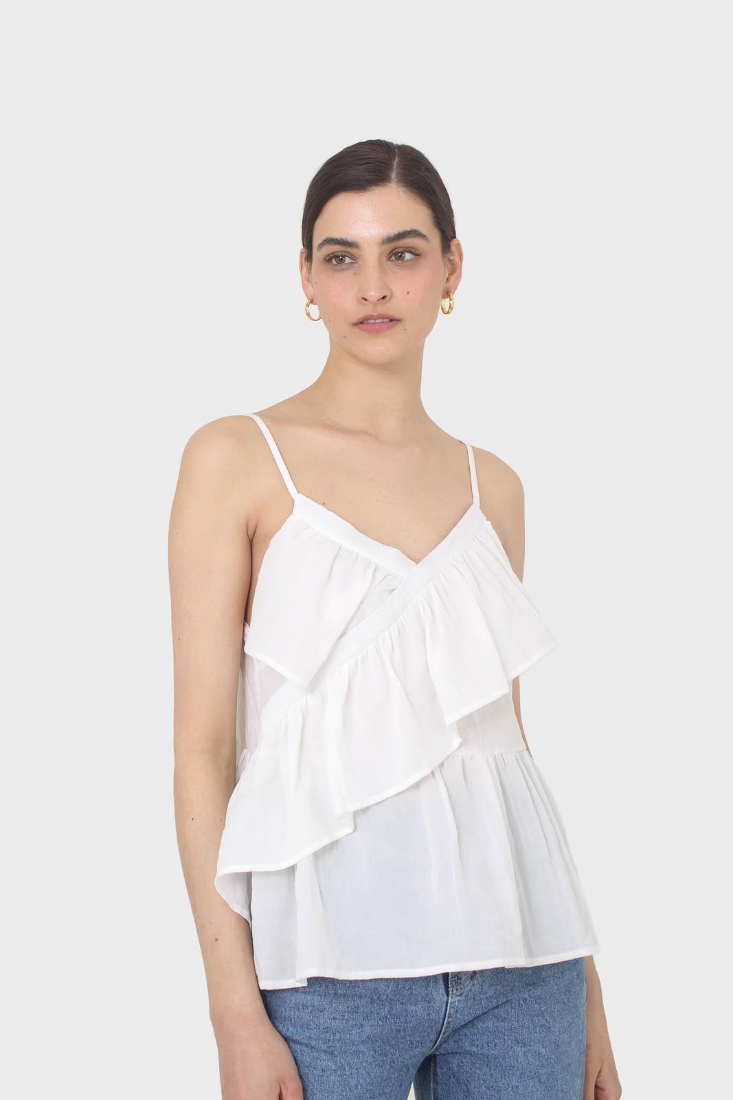 White ruffle thin strap tank