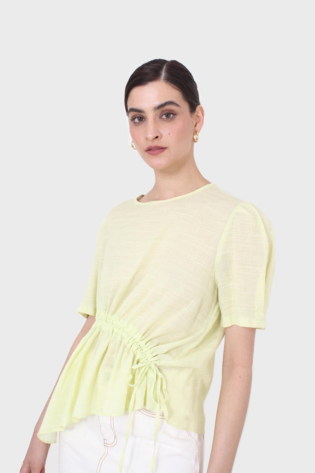 Pale yellow pull string linen top