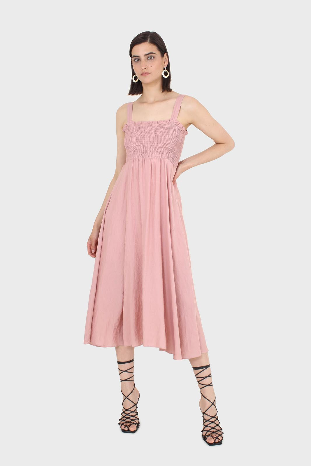Pale pink ruched bodice thick strap maxi dress