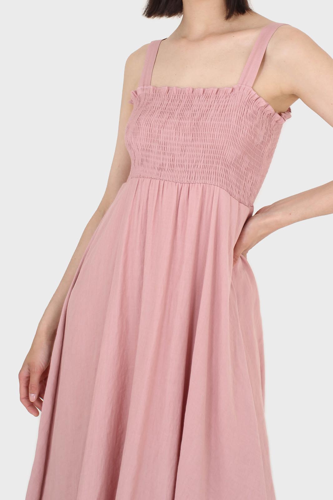 Pale pink ruched bodice thick strap maxi dress