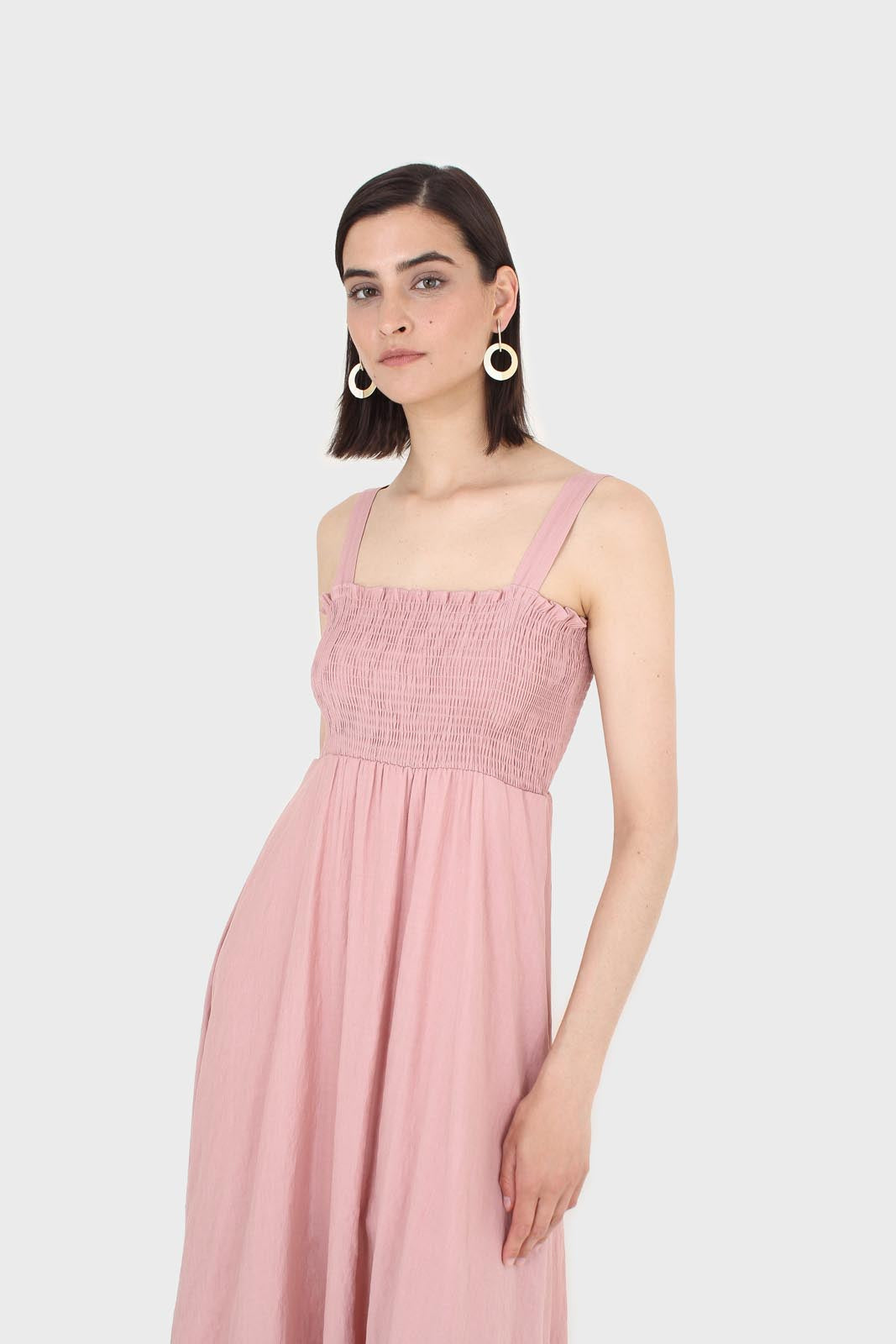 Pale pink ruched bodice thick strap maxi dress