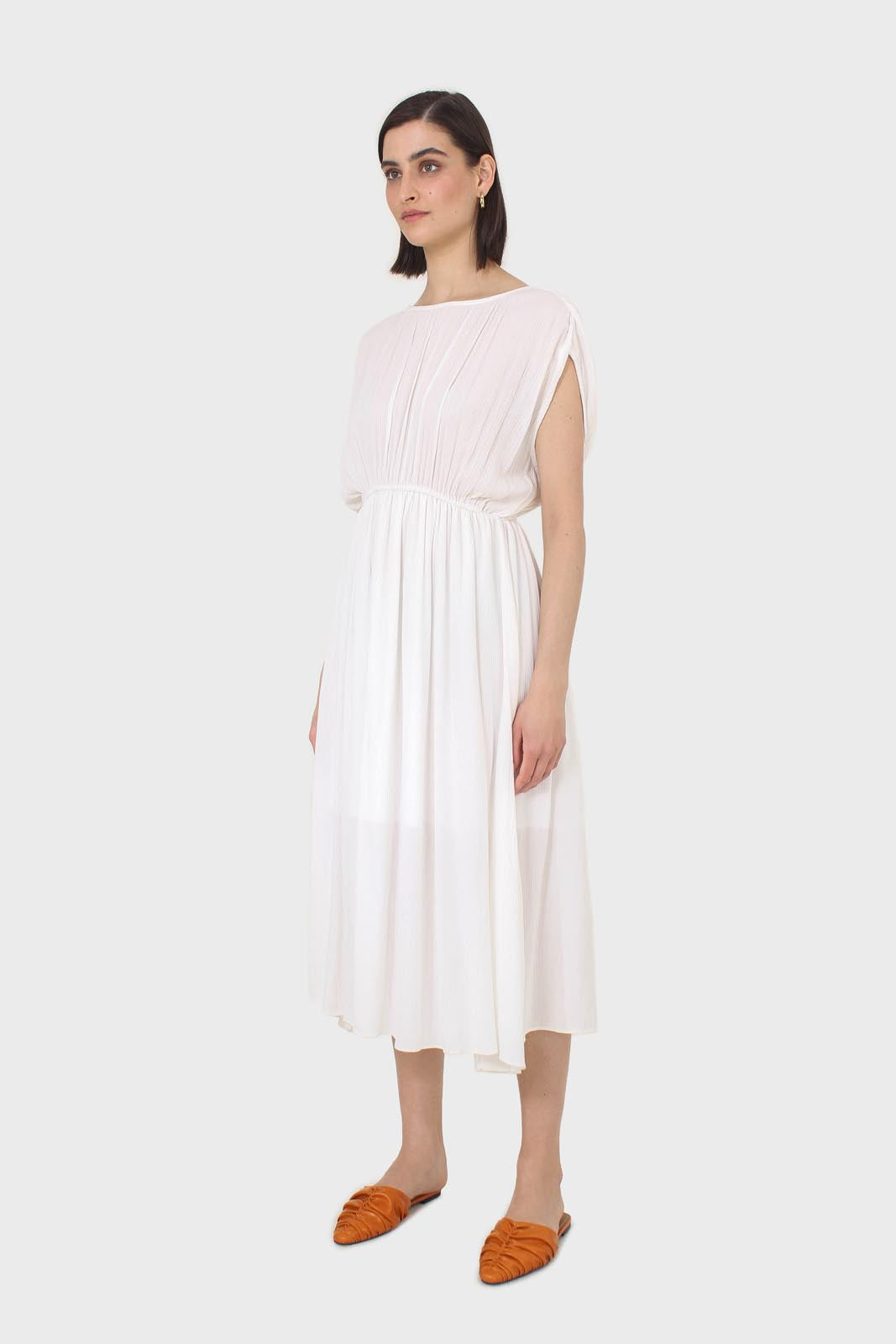 Ivory shirring sleeveless maxi dress