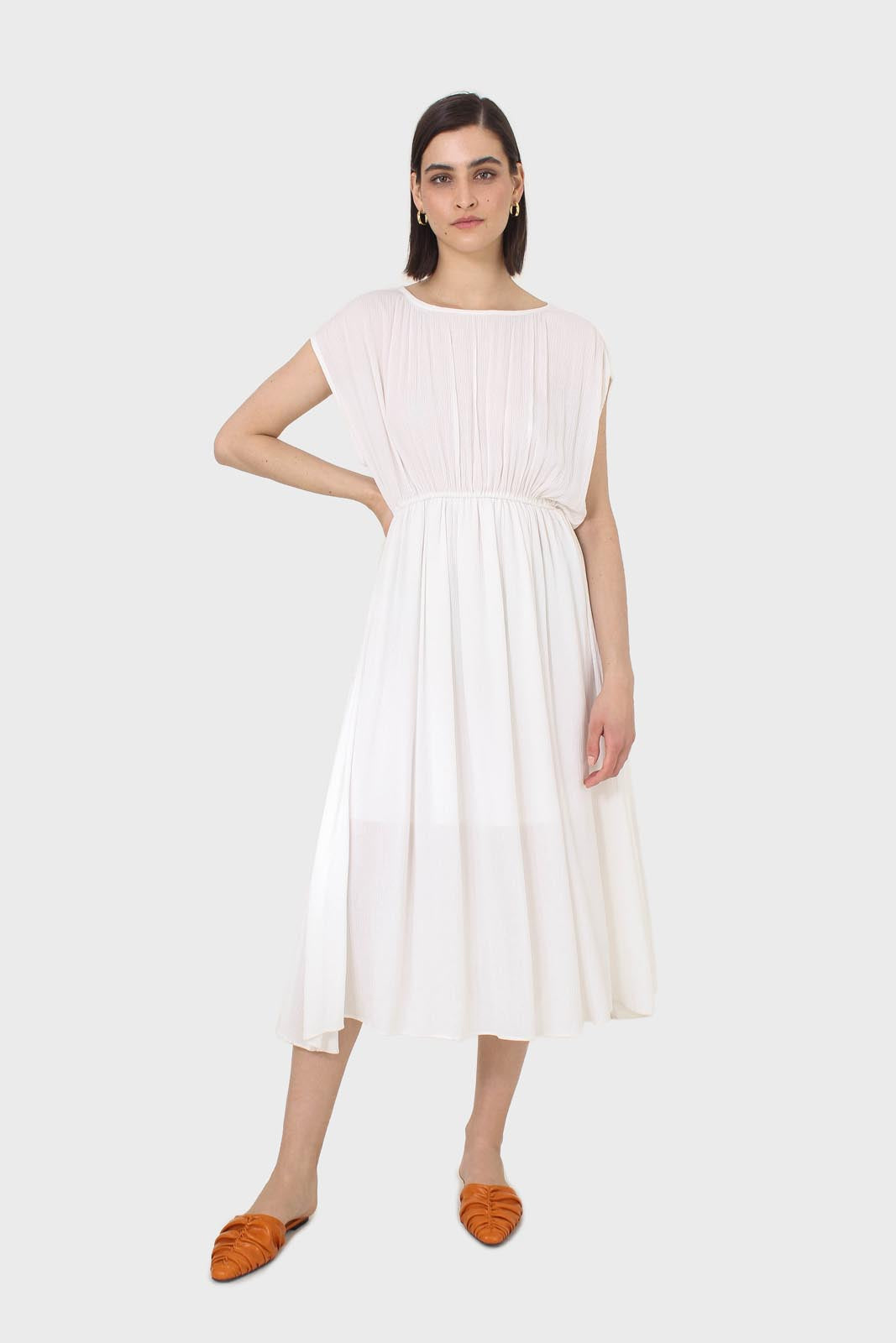 Ivory shirring sleeveless maxi dress