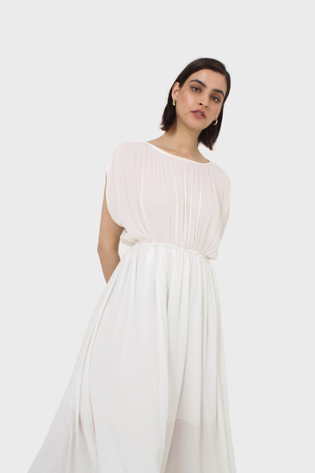 Ivory shirring sleeveless maxi dress
