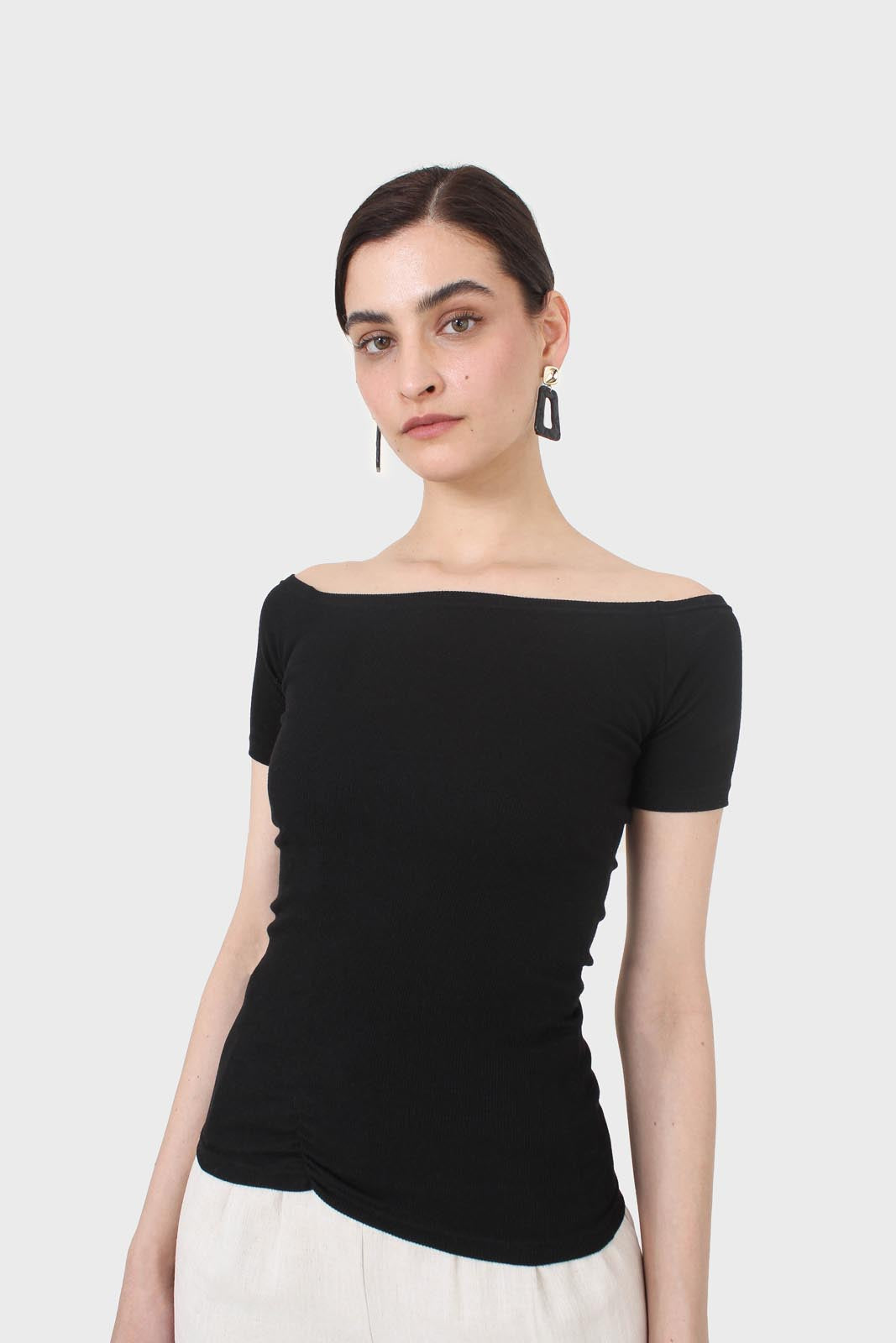 Black side shirring off shoulder tee