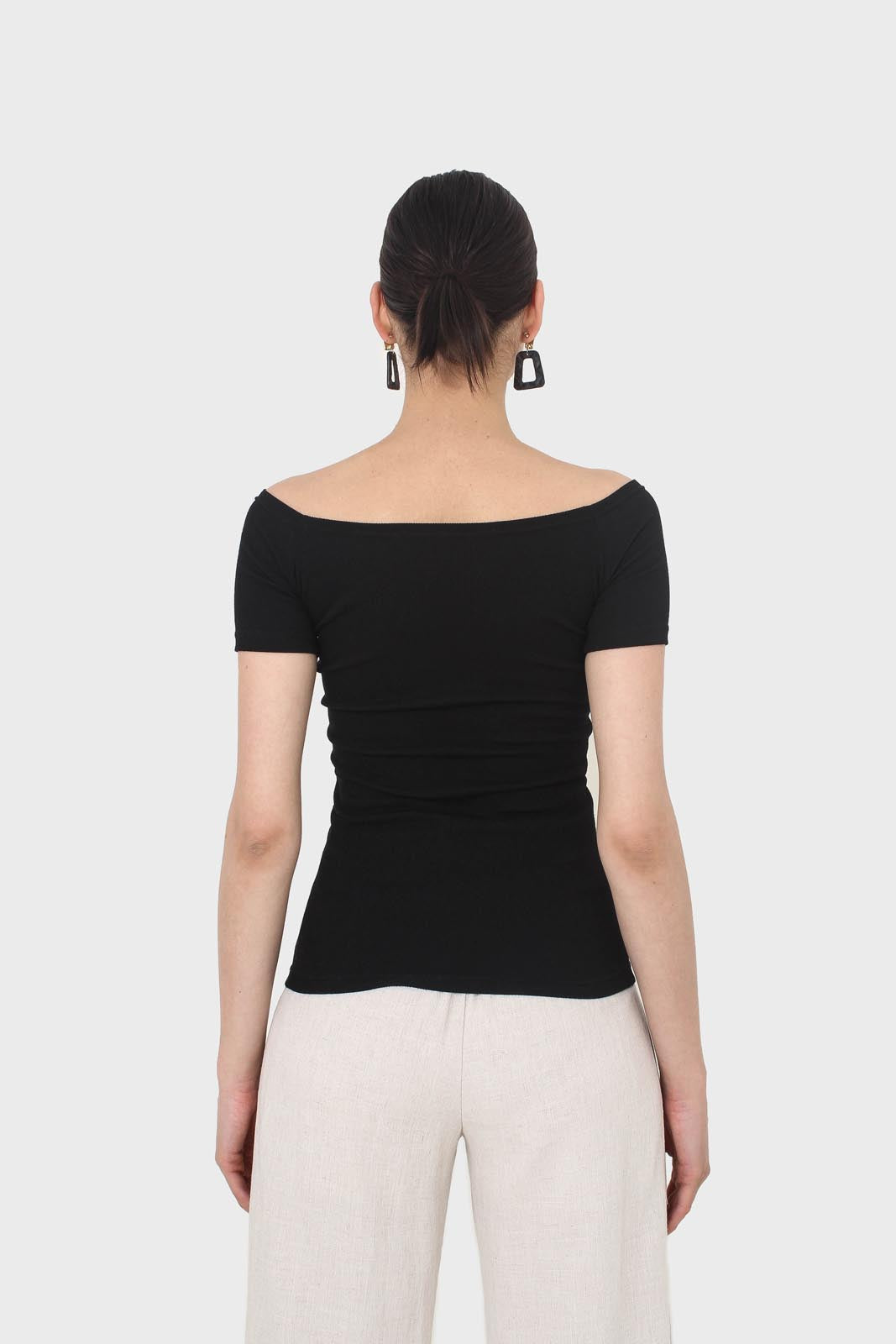 Black side shirring off shoulder tee