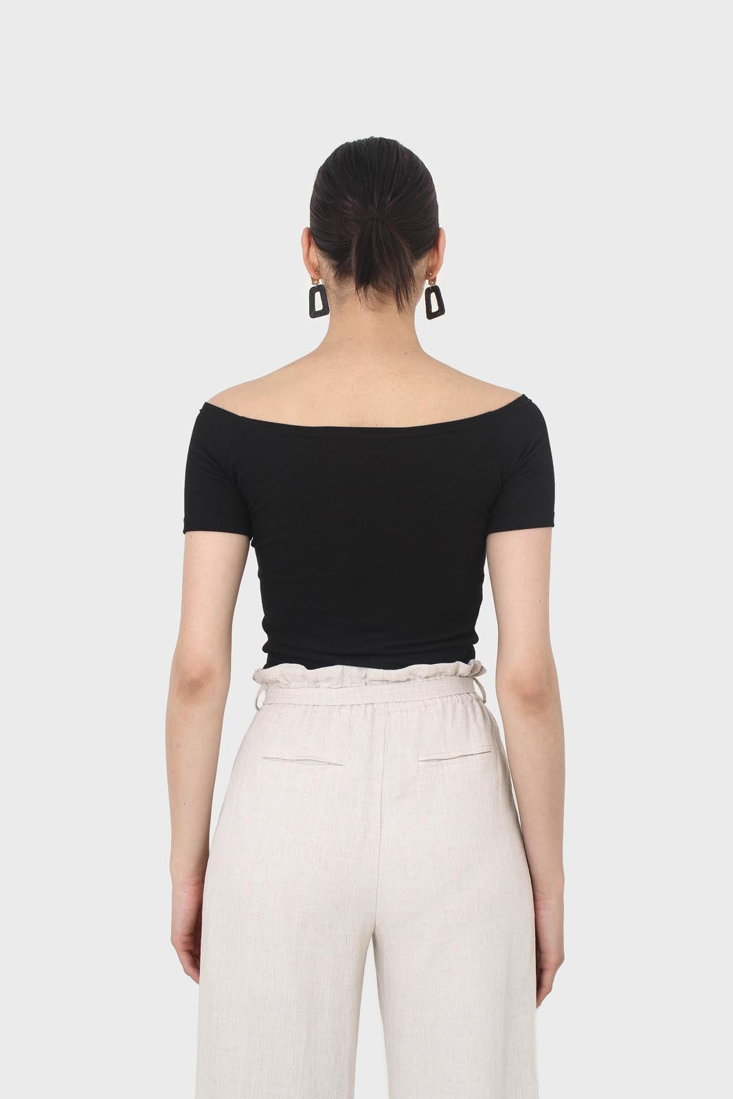 Black side shirring off shoulder tee