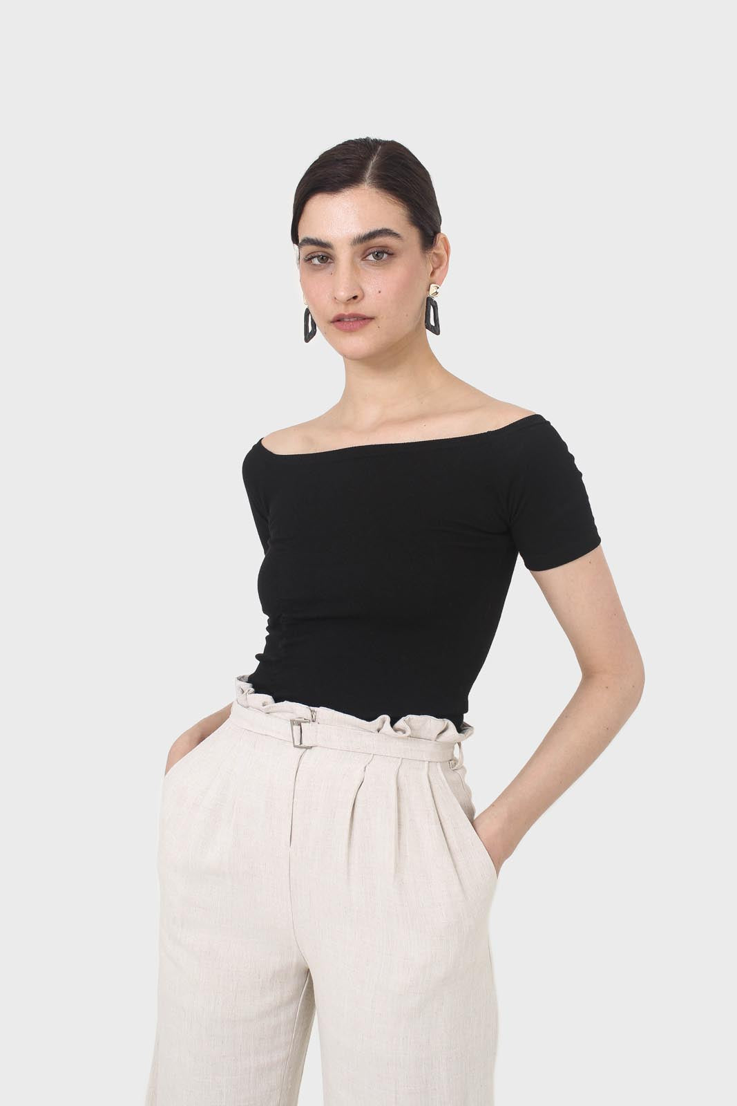 Black side shirring off shoulder tee