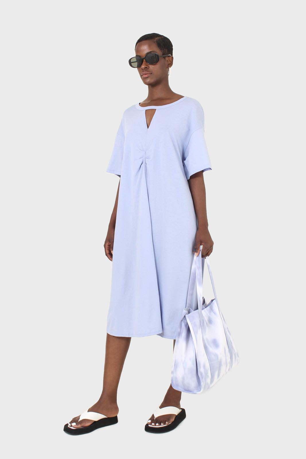 Blue cut out neck ruched front oversized maxi dress