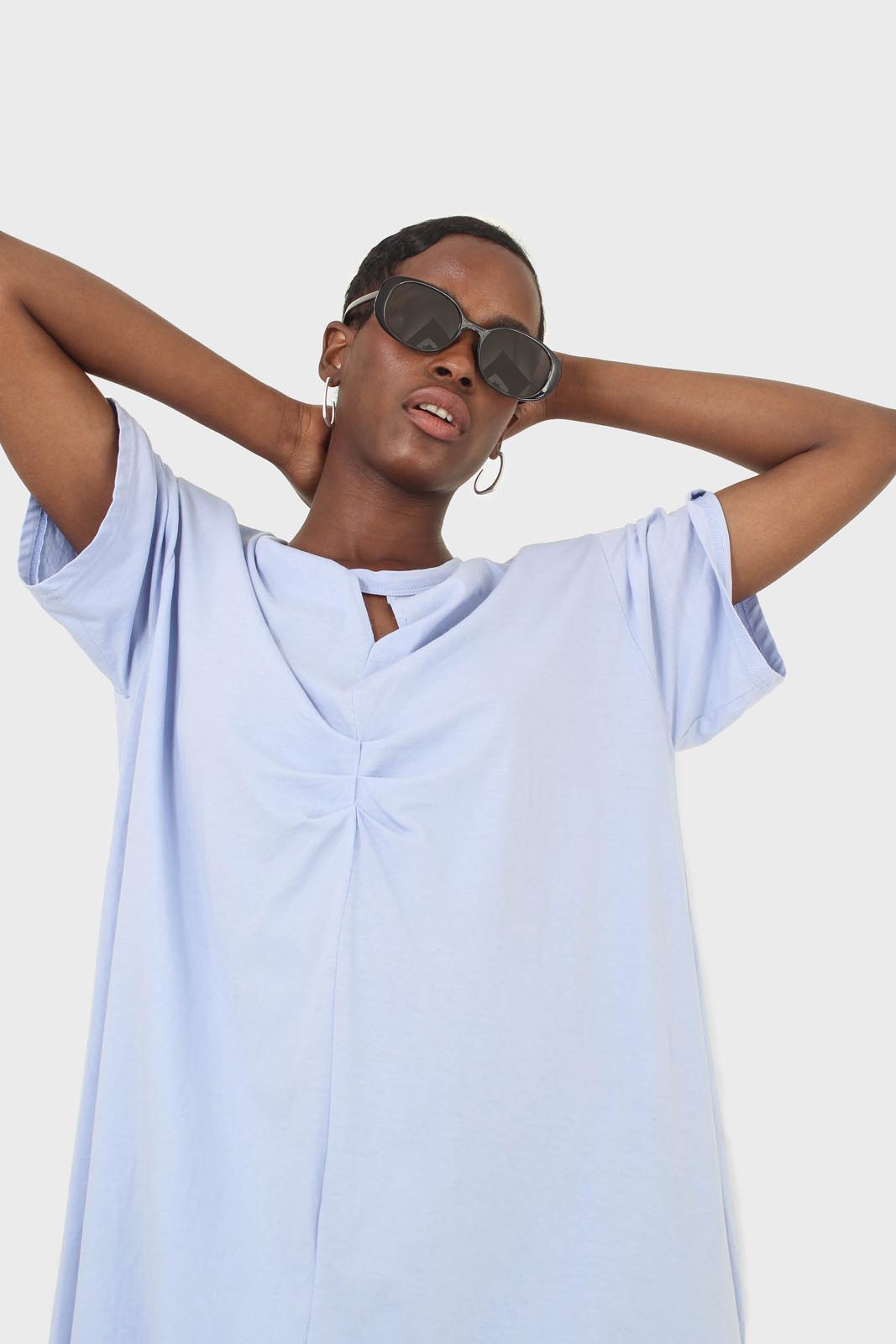 Blue cut out neck ruched front oversized maxi dress