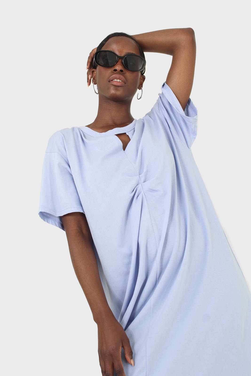 Blue cut out neck ruched front oversized maxi dress