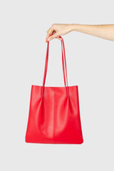 Red vegan leather pinched strap tote bag
