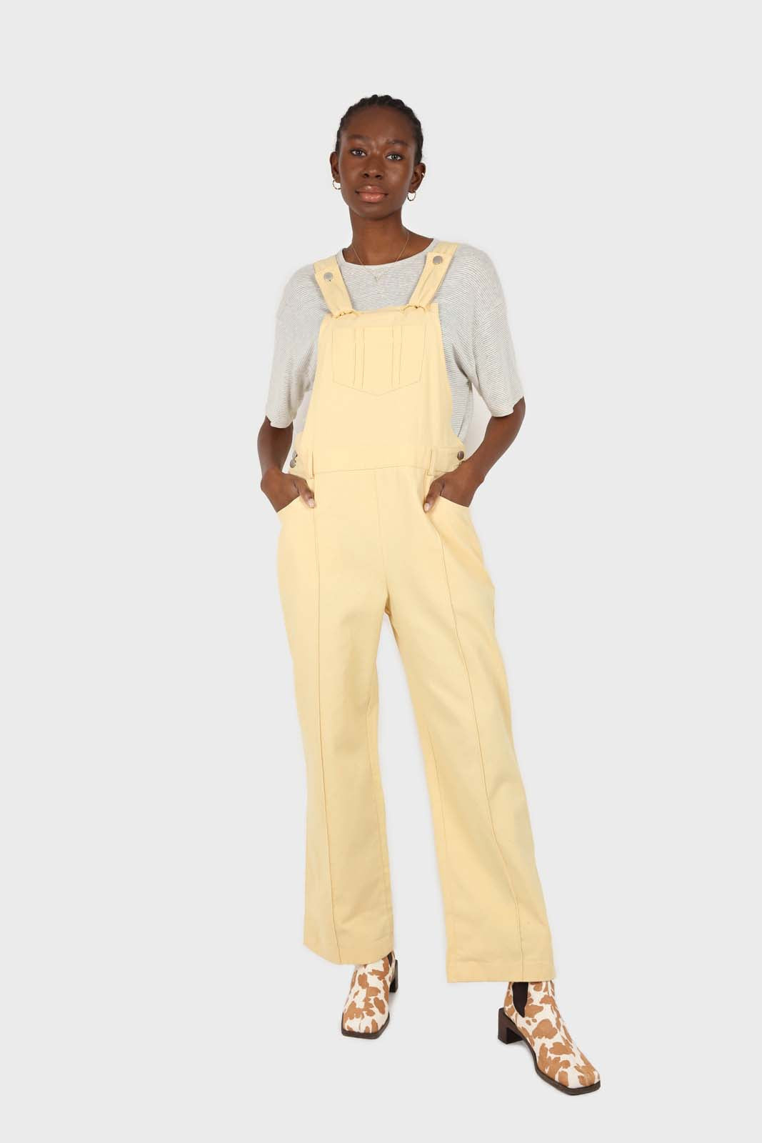 Pale yellow front patch pocket jumpsuit