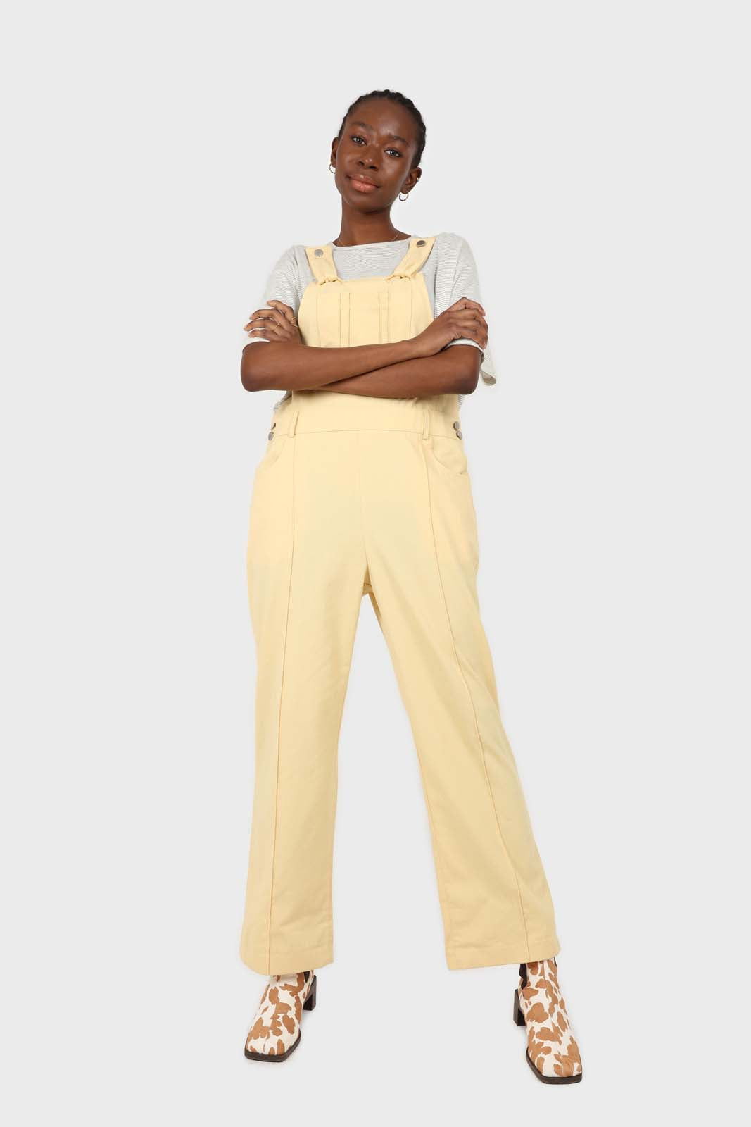 Pale yellow front patch pocket jumpsuit