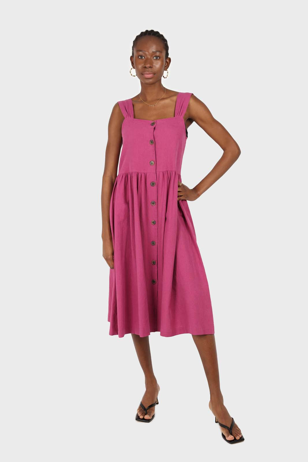 Purple button front thick strap dress
