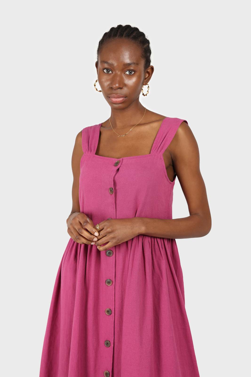 Purple button front thick strap dress