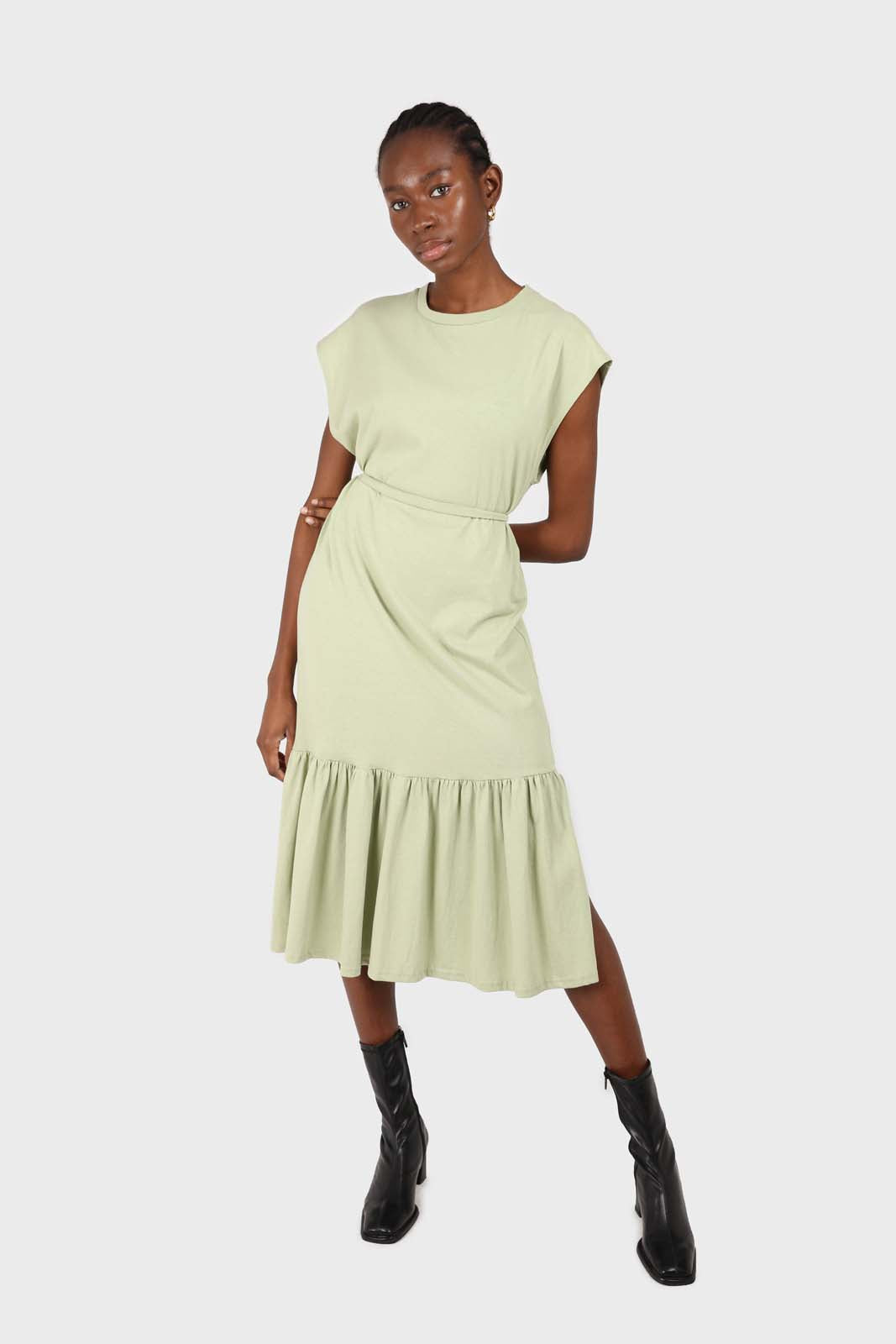 Mint large ruffle hem belted dress