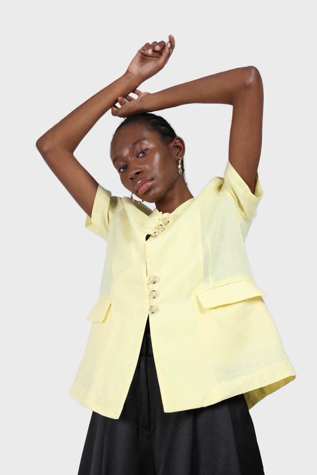 Yellow triple button oversized linen jacket