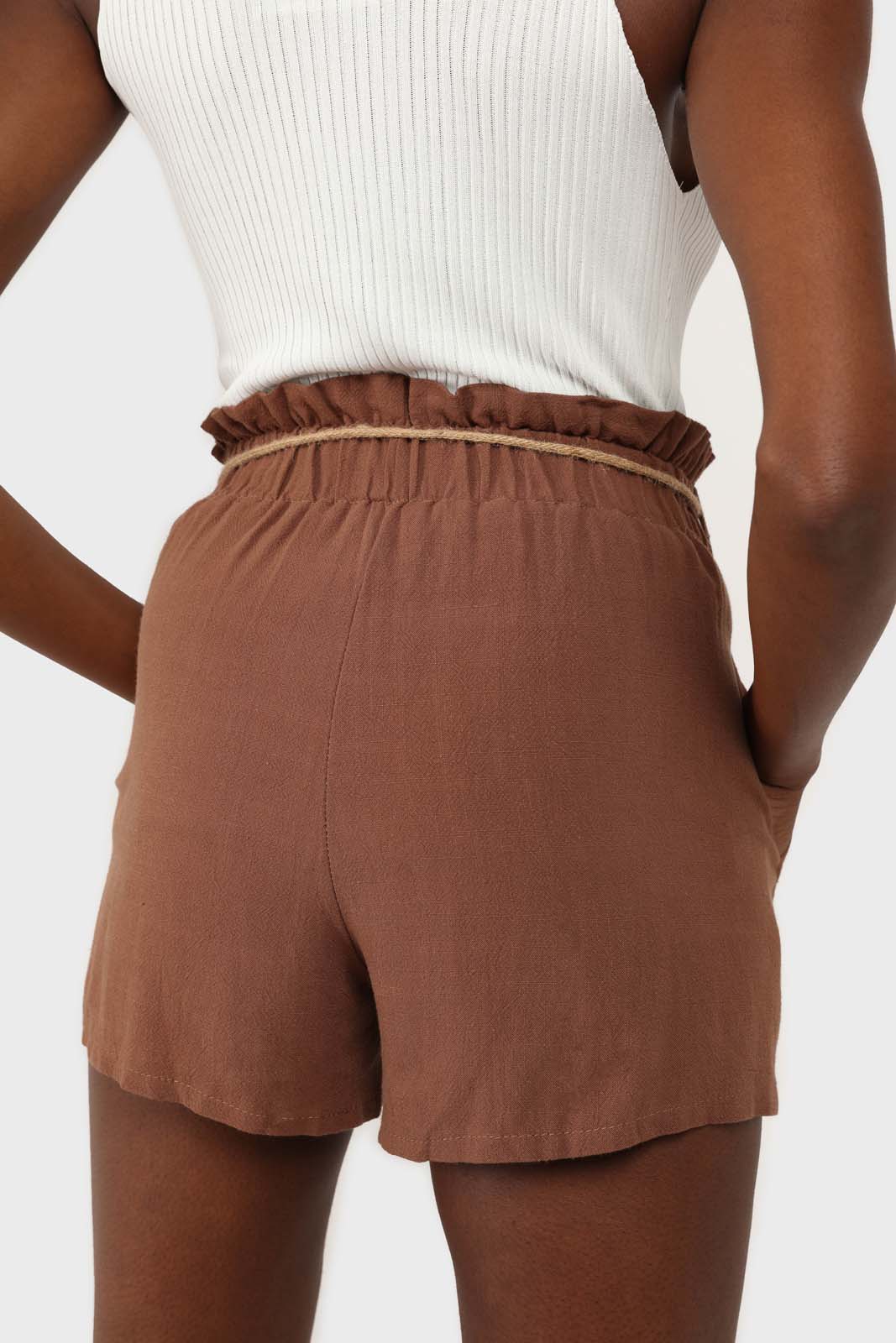 Brown loop waist belted linen shorts