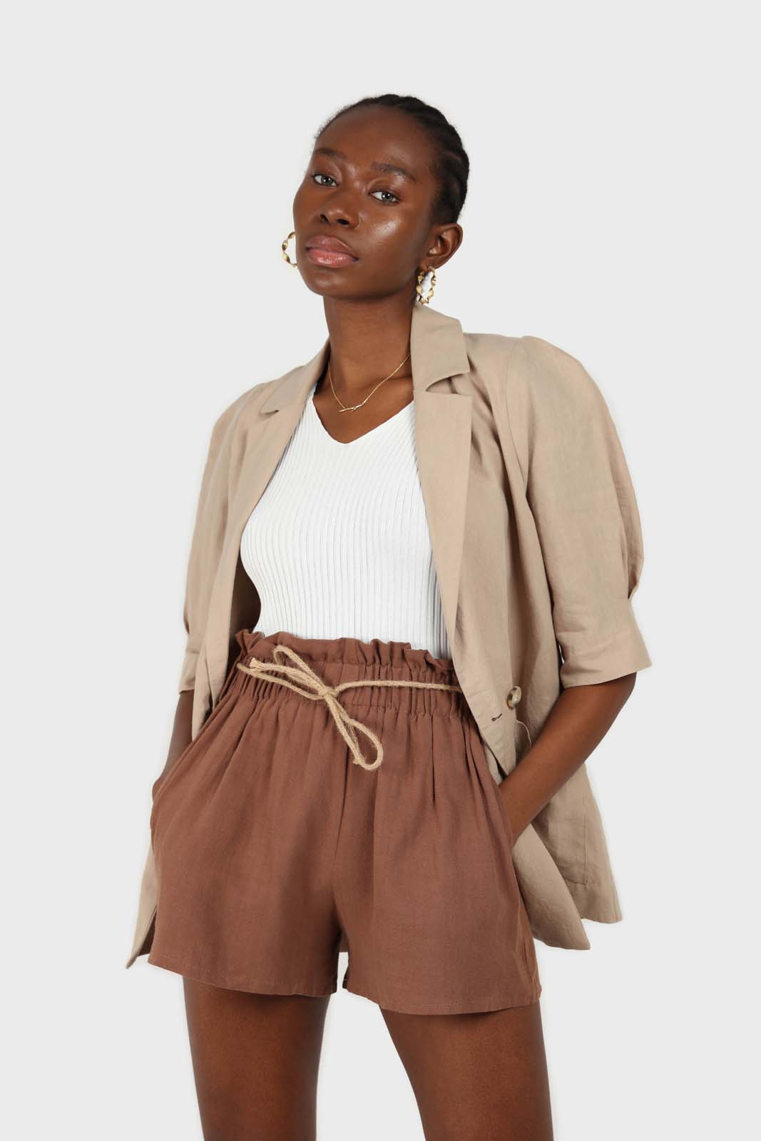 Brown loop waist belted linen shorts