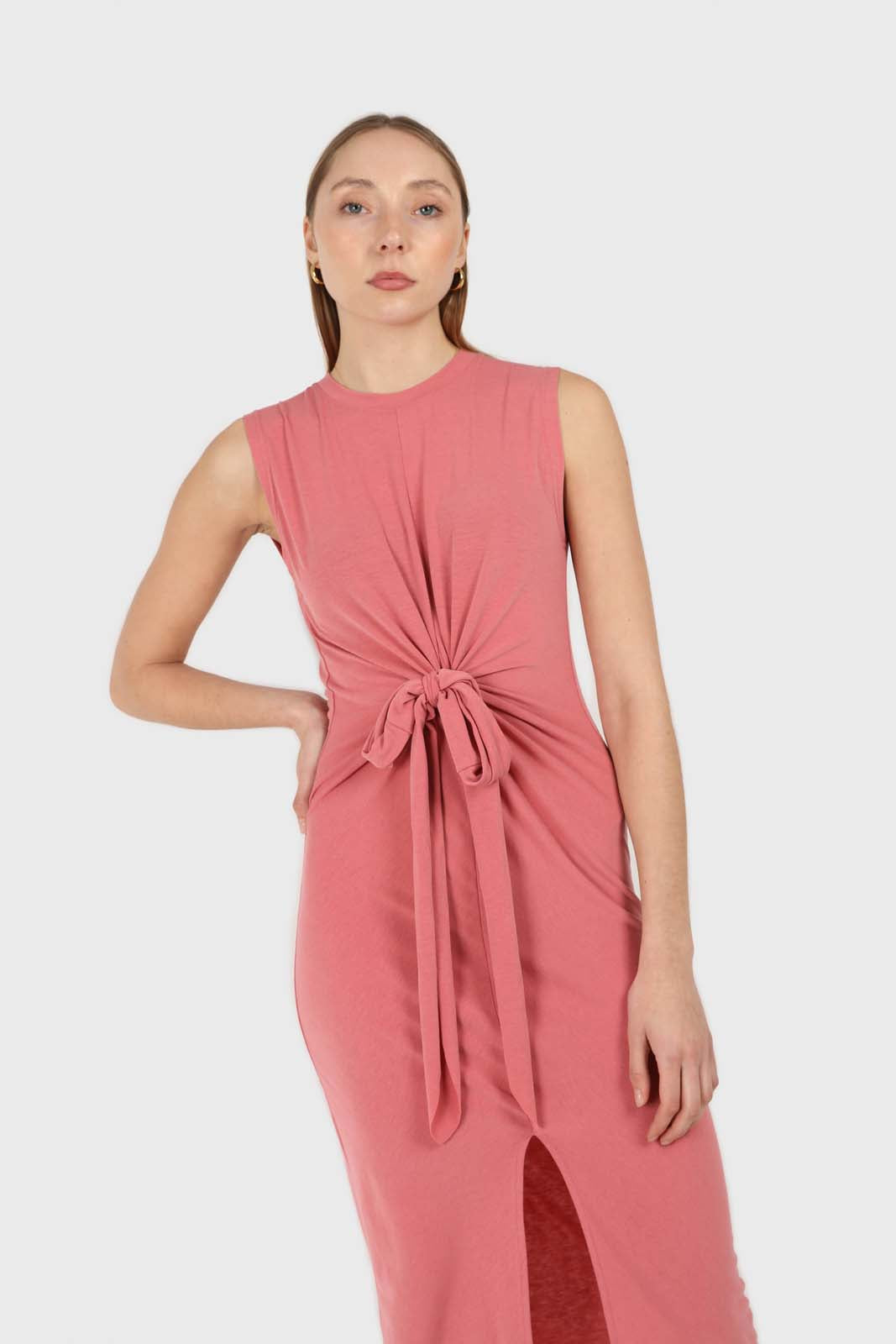 Dusty pink cross front fitted midi dress