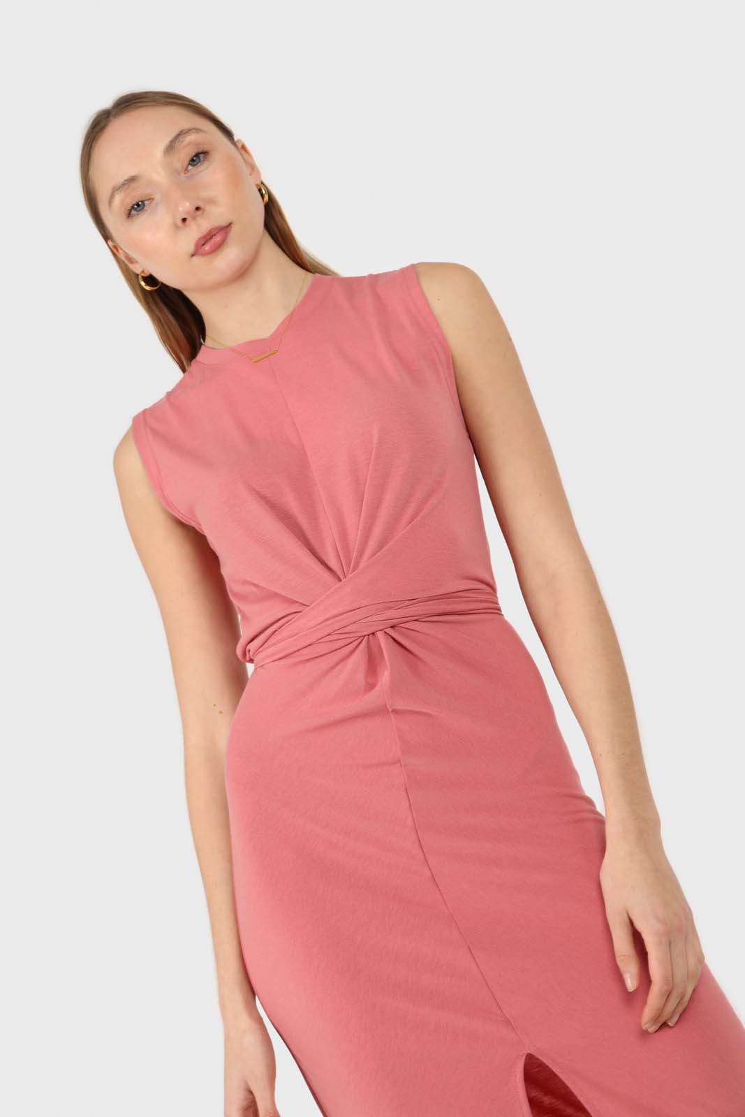 Dusty pink cross front fitted midi dress