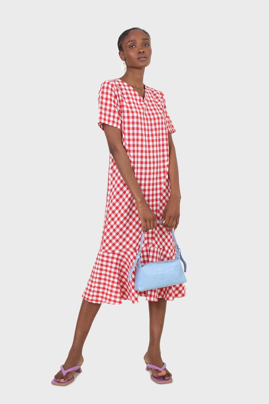 Red gingham V neck tiered ruffle maxi dress