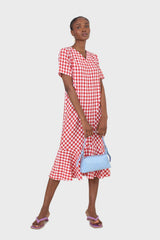 Red gingham V neck tiered ruffle maxi dress
