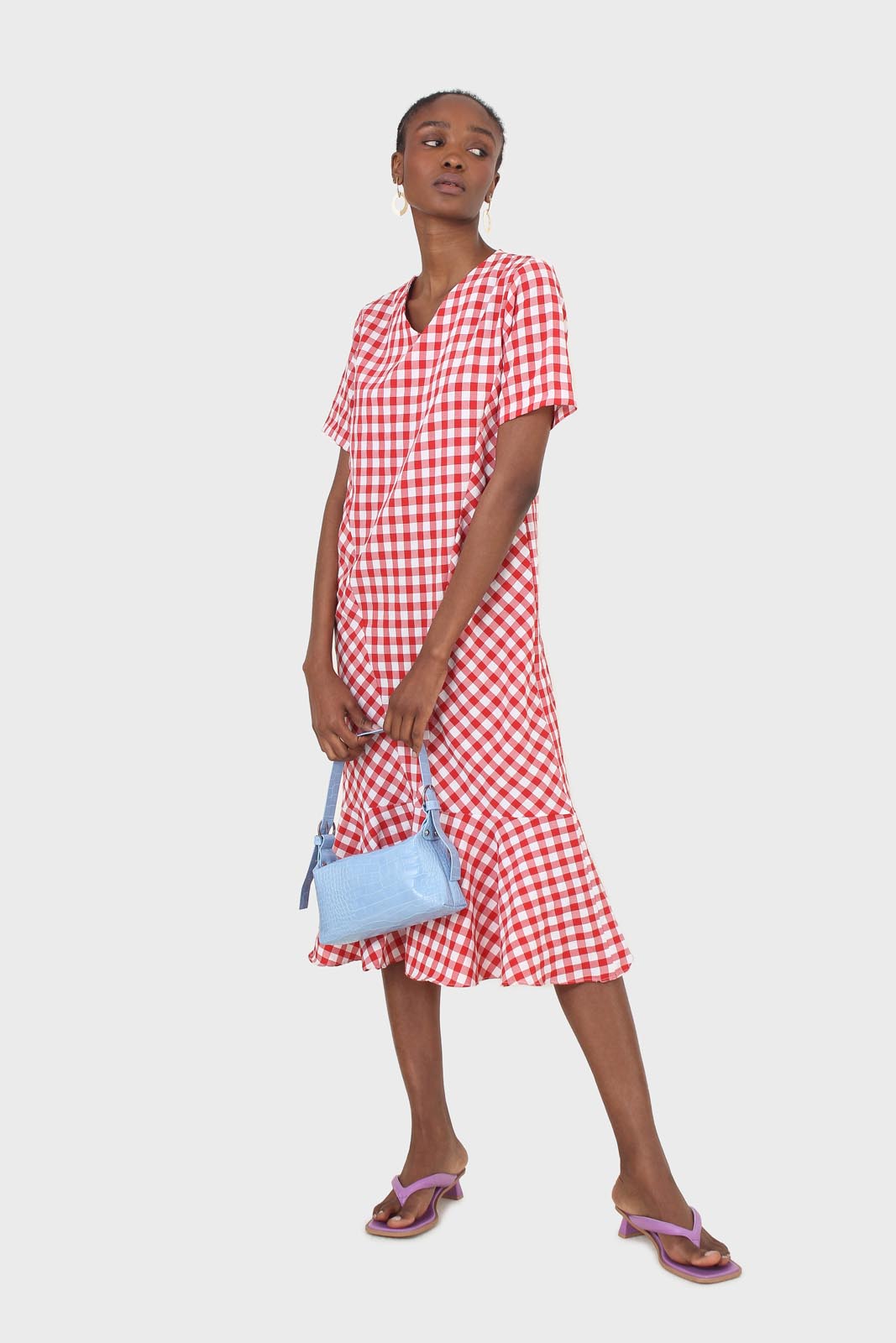 Red gingham V neck tiered ruffle maxi dress