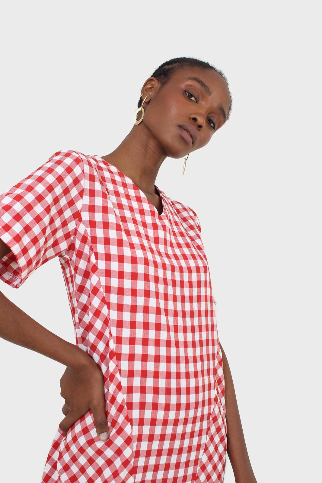 Red gingham V neck tiered ruffle maxi dress