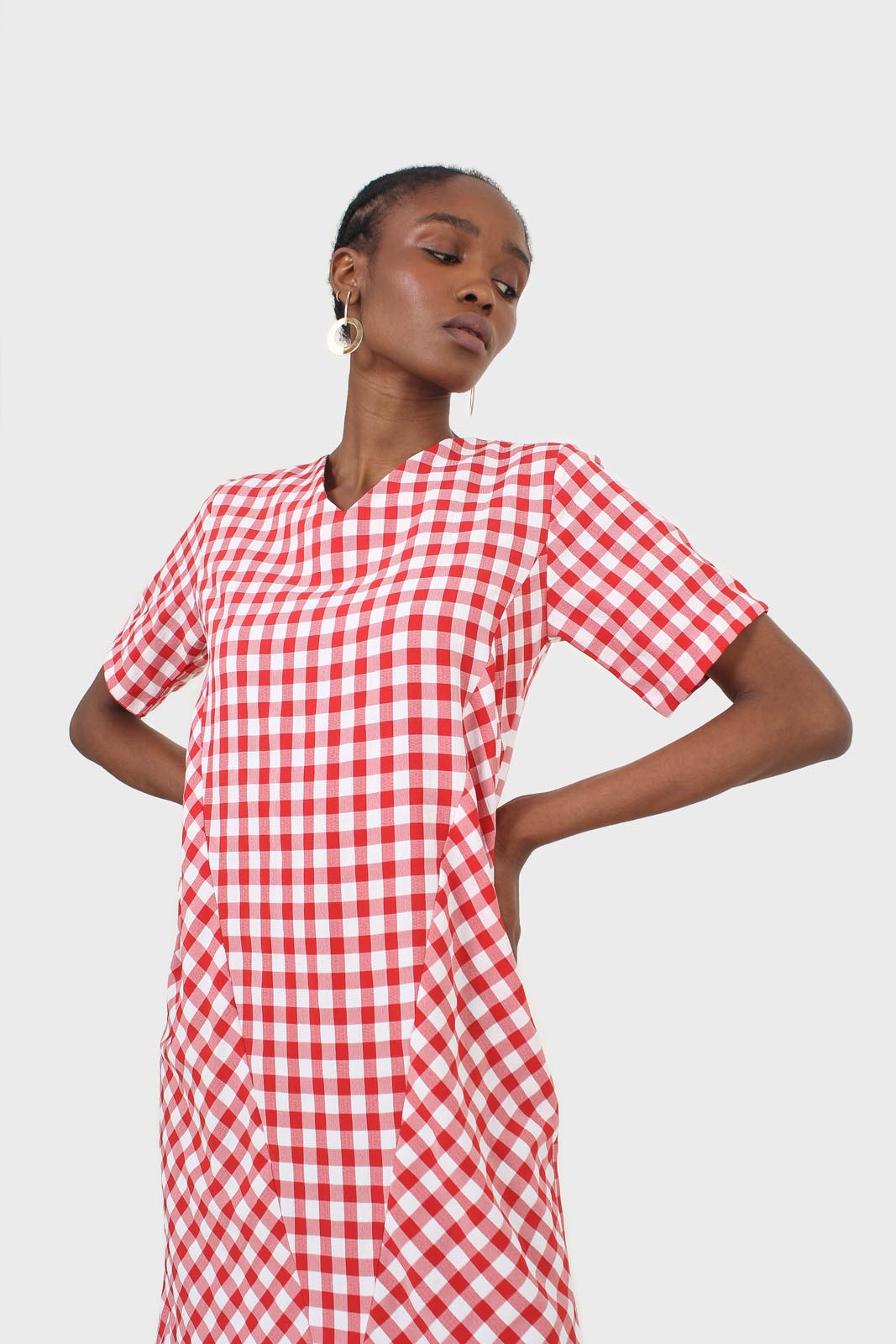 Red gingham V neck tiered ruffle maxi dress