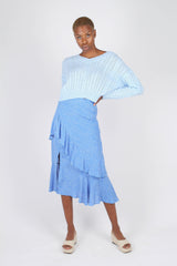 Blue and white dots tiered ruffle midi skirt